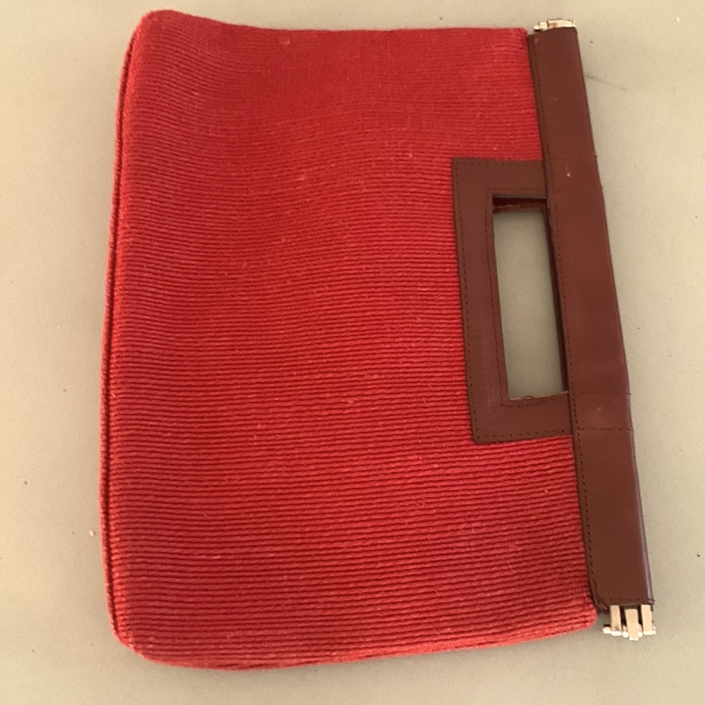 Red knit fabric and leather purse